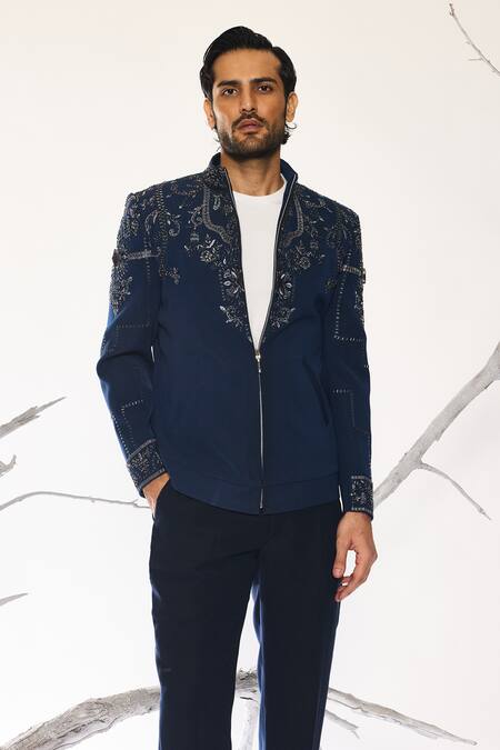 Ankit V Kapoor_Blue Viscose Embroidery Azure Vault Deep Shacket And Pant Set _at_Aza_Fashions