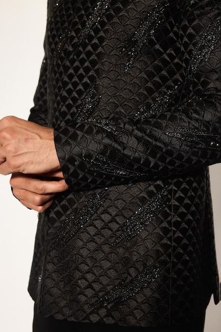 Ankit V Kapoor_Black Cotton, Silk Designer Woven Bandhgala And Pant Set _Online_at_Aza_Fashions