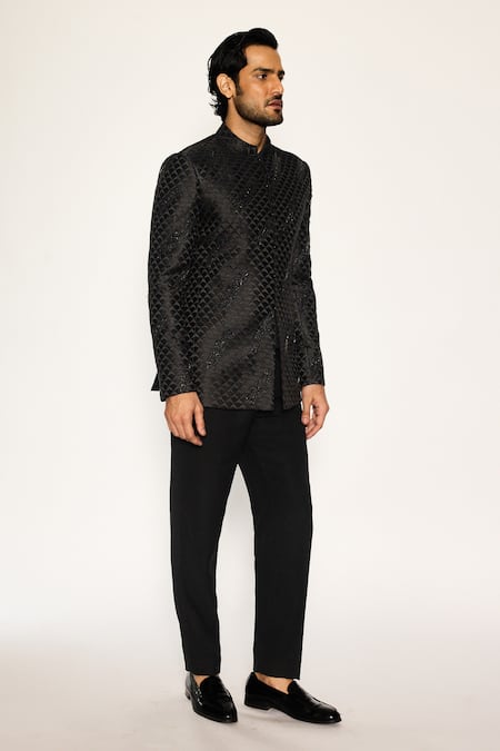 Buy_Ankit V Kapoor_Black Cotton, Silk Designer Woven Bandhgala And Pant Set _Online_at_Aza_Fashions