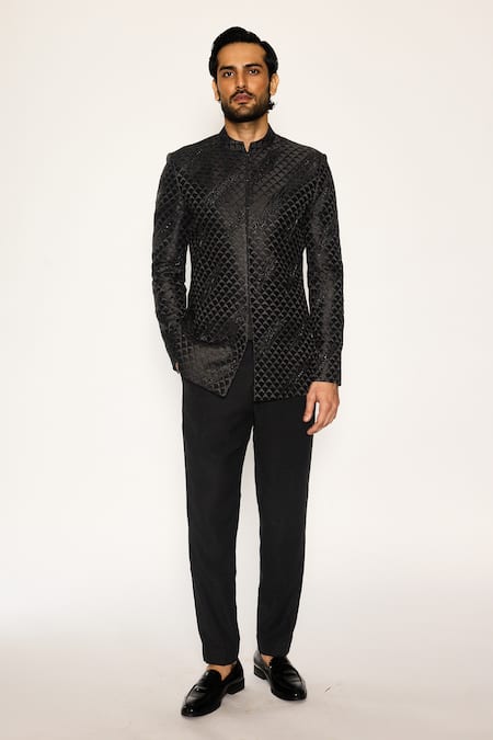 Ankit V Kapoor Black Cotton, Silk Designer Woven Bandhgala And Pant Set 