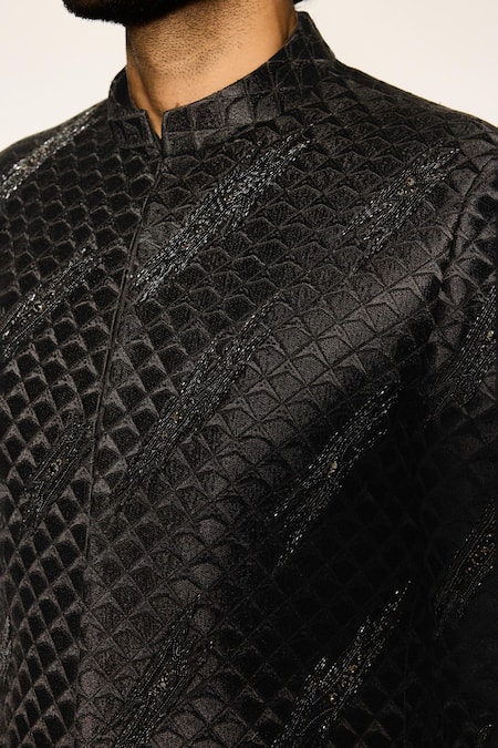 Shop_Ankit V Kapoor_Black Cotton, Silk Designer Woven Bandhgala And Pant Set _Online_at_Aza_Fashions