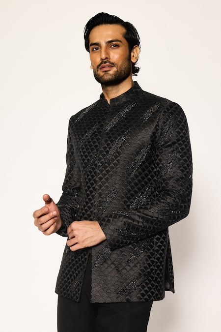 Ankit V Kapoor_Black Cotton, Silk Designer Woven Bandhgala And Pant Set _at_Aza_Fashions