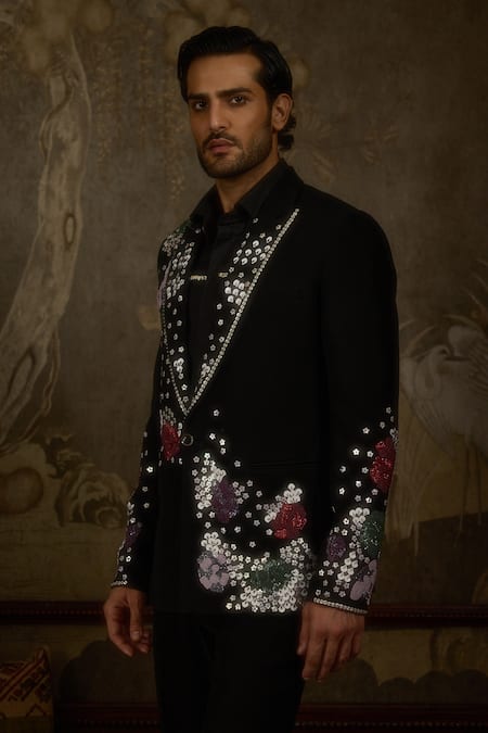 Buy_Ankit V Kapoor_Black Viscose Sequins Flora Nova Designer Tuxedo Set _Online_at_Aza_Fashions