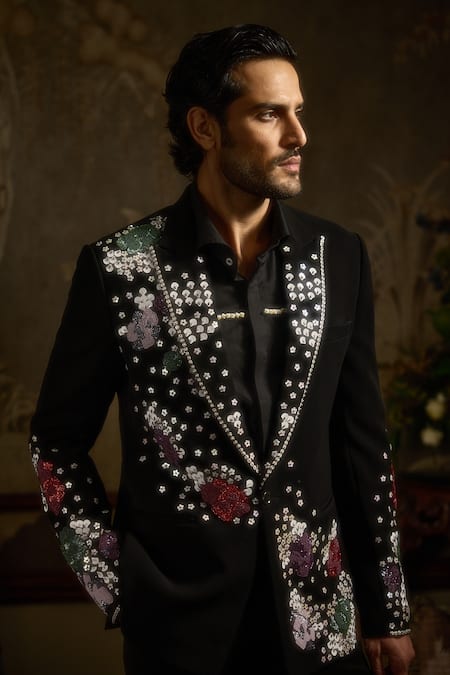 Shop_Ankit V Kapoor_Black Viscose Sequins Flora Nova Designer Tuxedo Set _Online_at_Aza_Fashions