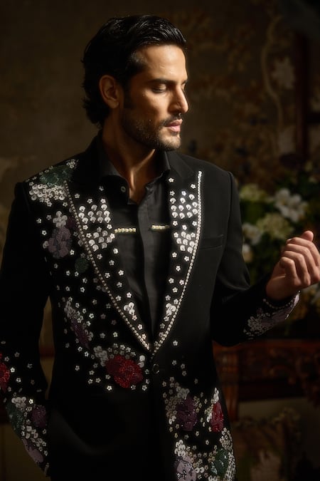 Ankit V Kapoor_Black Viscose Sequins Flora Nova Designer Tuxedo Set _at_Aza_Fashions