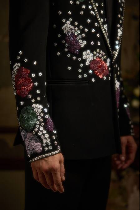 Buy_Ankit V Kapoor_Black Viscose Sequins Flora Nova Designer Tuxedo Set 
