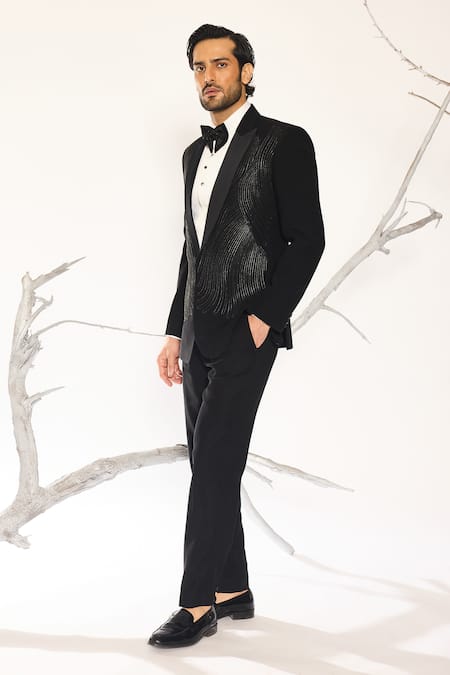 Shop_Ankit V Kapoor_Black Bows Designer Woven Jet Tuxedo Set _Online_at_Aza_Fashions