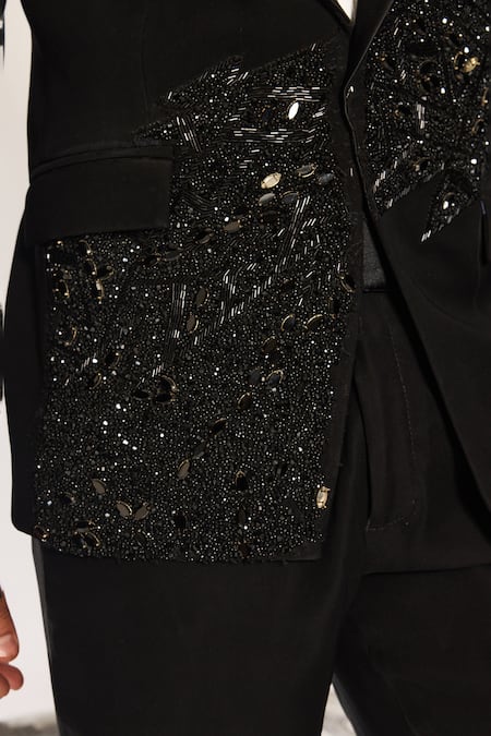 Shop_Ankit V Kapoor_Black Cotton Beads, Sequins Cosmic Drift Tuxedo Set _Online_at_Aza_Fashions