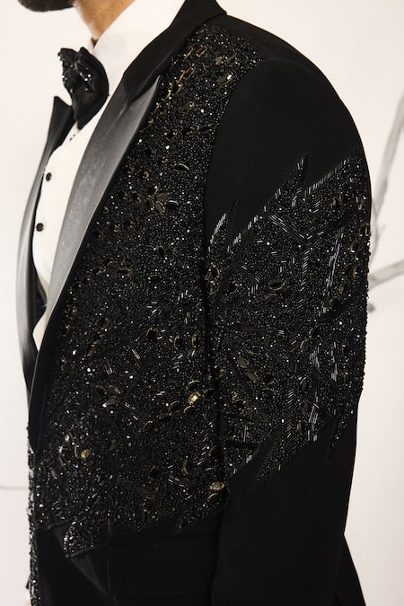 Ankit V Kapoor_Black Cotton Beads, Sequins Cosmic Drift Tuxedo Set _at_Aza_Fashions