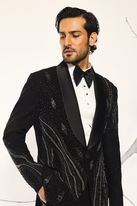 Buy_Ankit V Kapoor_Black Sequins, Embroidery Stellar Weave Tuxedo Set _Online_at_Aza_Fashions