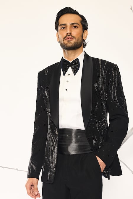 Shop_Ankit V Kapoor_Black Sequins, Embroidery Stellar Weave Tuxedo Set _Online_at_Aza_Fashions