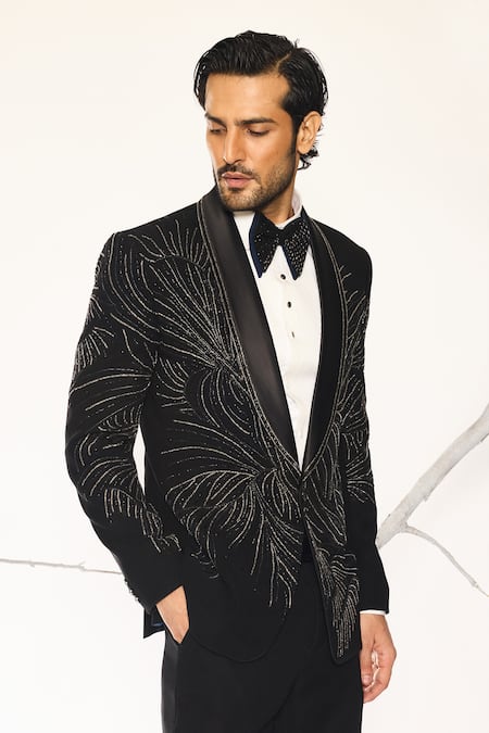 Shop_Ankit V Kapoor_Black Noir Bloom Tuxedo Set _Online_at_Aza_Fashions