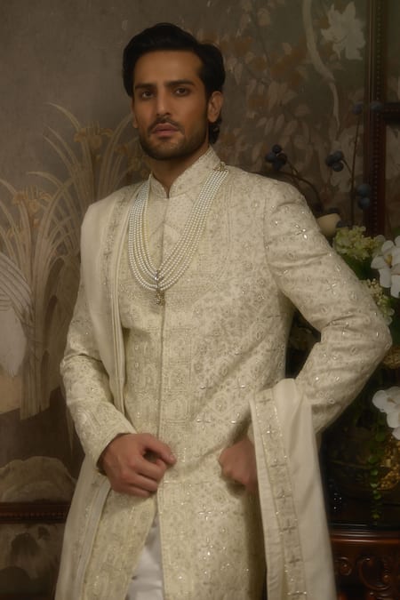 Buy Ankit V Kapoor Ivory Embroidery Heeranva Woven Silk Sherwani Set Online at Aza Fashions Buy_Ankit V Kapoor_Ivory Embroidery Heeranva Woven Silk Sherwani Set _Online_at_Aza_Fashions