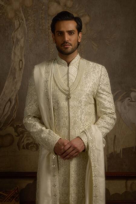 Shop Ankit V Kapoor Ivory Embroidery Heeranva Woven Silk Sherwani Set Online at Aza Fashions Shop_Ankit V Kapoor_Ivory Embroidery Heeranva Woven Silk Sherwani Set _Online_at_Aza_Fashions
