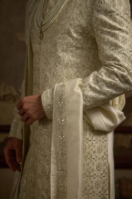 Ankit V Kapoor Ivory Embroidery Heeranva Woven Silk Sherwani Set at Aza Fashions Ankit V Kapoor_Ivory Embroidery Heeranva Woven Silk Sherwani Set _at_Aza_Fashions