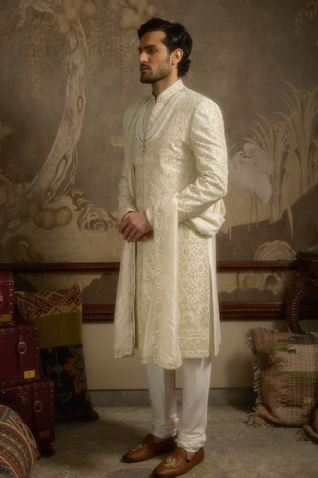 Buy Ankit V Kapoor Ivory Embroidery Heeranva Woven Silk Sherwani Set Buy_Ankit V Kapoor_Ivory Embroidery Heeranva Woven Silk Sherwani Set