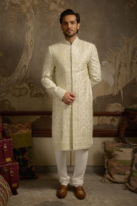 Shop Ankit V Kapoor Ivory Embroidery Heeranva Woven Silk Sherwani Set Shop_Ankit V Kapoor_Ivory Embroidery Heeranva Woven Silk Sherwani Set