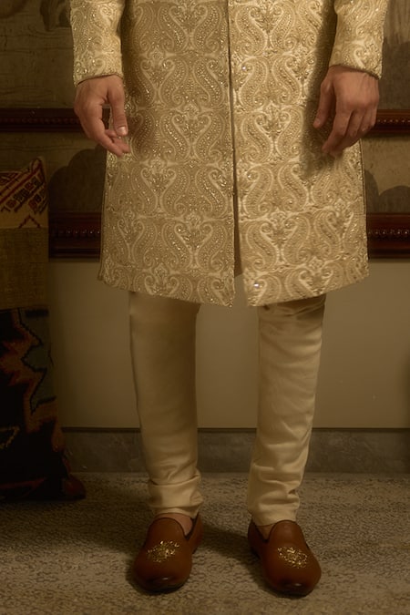 Ankit V Kapoor_Ivory Embroidery Mehraan Woven Silk Sherwani Set _Online_at_Aza_Fashions