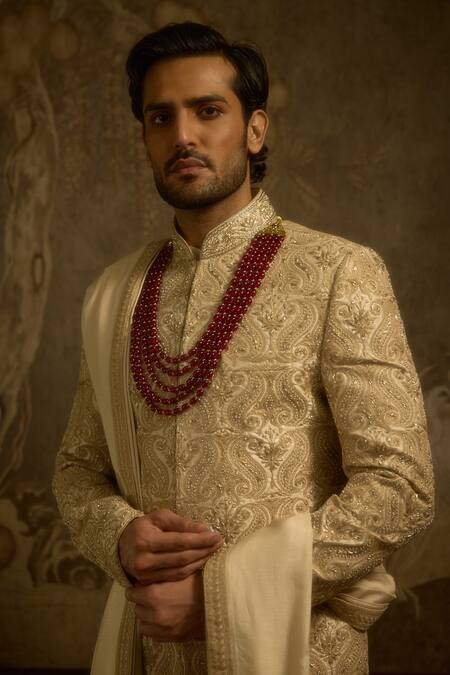 Buy_Ankit V Kapoor_Ivory Embroidery Mehraan Woven Silk Sherwani Set _Online_at_Aza_Fashions