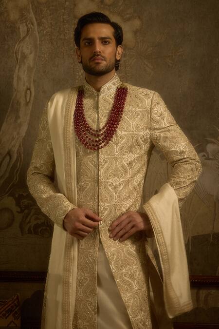 Shop_Ankit V Kapoor_Ivory Embroidery Mehraan Woven Silk Sherwani Set _Online_at_Aza_Fashions