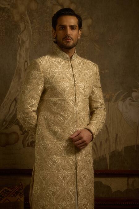 Ankit V Kapoor_Ivory Embroidery Mehraan Woven Silk Sherwani Set _at_Aza_Fashions