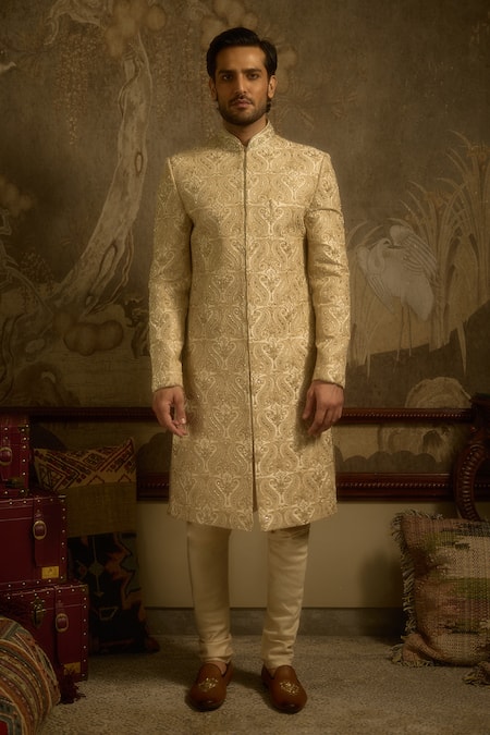 Buy_Ankit V Kapoor_Ivory Embroidery Mehraan Woven Silk Sherwani Set 