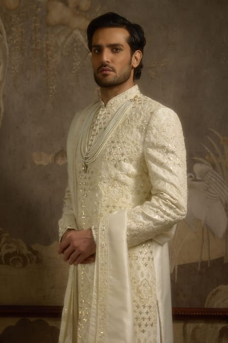 Ankit V Kapoor_Ivory Pearls, Sequins Roshaan Designer Sherwani Set _Online_at_Aza_Fashions