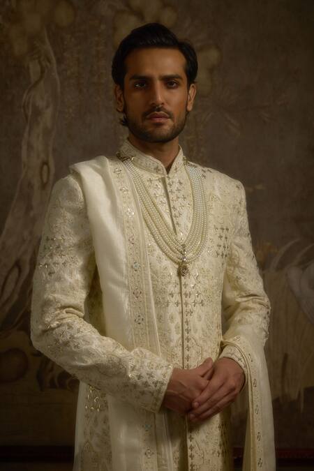 Buy_Ankit V Kapoor_Ivory Pearls, Sequins Roshaan Designer Sherwani Set _Online_at_Aza_Fashions