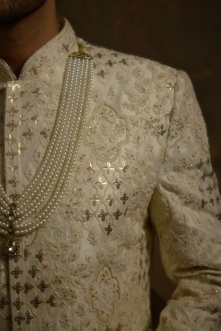 Ankit V Kapoor_Ivory Pearls, Sequins Roshaan Designer Sherwani Set _at_Aza_Fashions