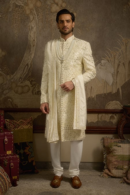 Ankit V Kapoor Ivory Pearls, Sequins Roshaan Designer Sherwani Set