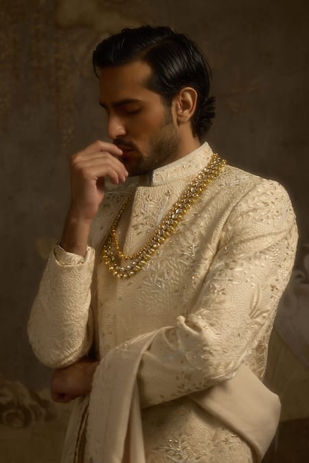 Buy Ankit V Kapoor Gold Embroidery Zarbagh Woven Silk Sherwani Set Online at Aza Fashions Buy_Ankit V Kapoor_Gold Embroidery Zarbagh Woven Silk Sherwani Set _Online_at_Aza_Fashions