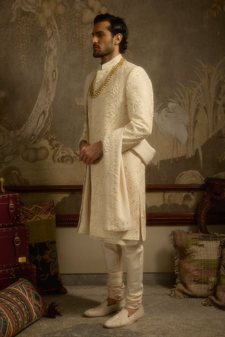 Shop Ankit V Kapoor Gold Embroidery Zarbagh Woven Silk Sherwani Set Online at Aza Fashions Shop_Ankit V Kapoor_Gold Embroidery Zarbagh Woven Silk Sherwani Set _Online_at_Aza_Fashions