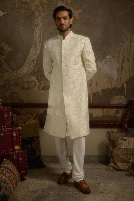 Ankit V Kapoor Ivory Pearls Afreen Woven Silk Sherwani Set at Aza Fashions Ankit V Kapoor_Ivory Pearls Afreen Woven Silk Sherwani Set _at_Aza_Fashions