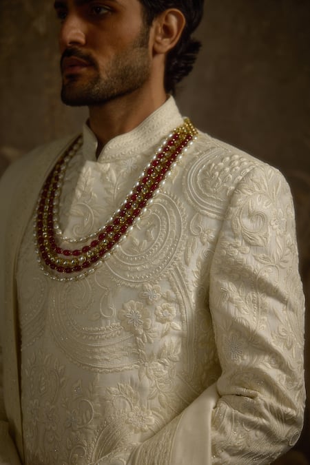 Buy Ankit V Kapoor Ivory Pearls Afreen Woven Silk Sherwani Set Buy_Ankit V Kapoor_Ivory Pearls Afreen Woven Silk Sherwani Set