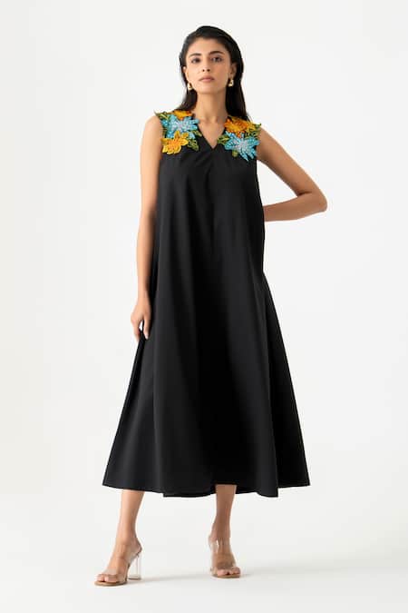 K-Anshika Black Midi Dress with 3D Floral Embroidery 