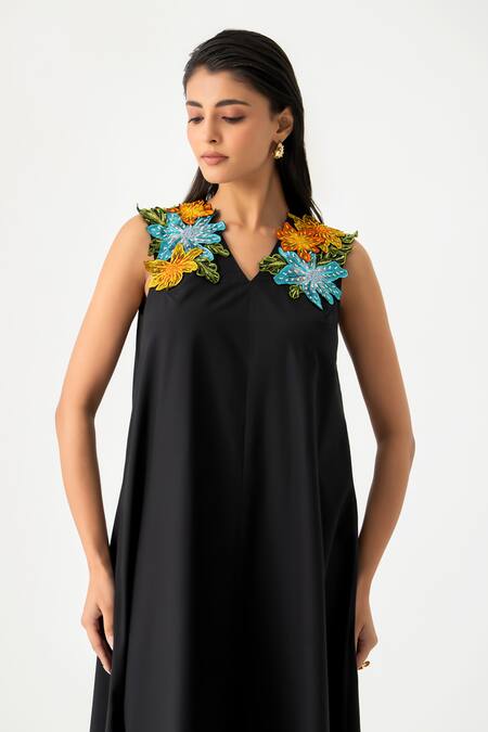 K-Anshika_Black Cotton Embroidery, Beads, Sequins V-neck Midi Dress With 3d Floral _Online_at_Aza_Fashions