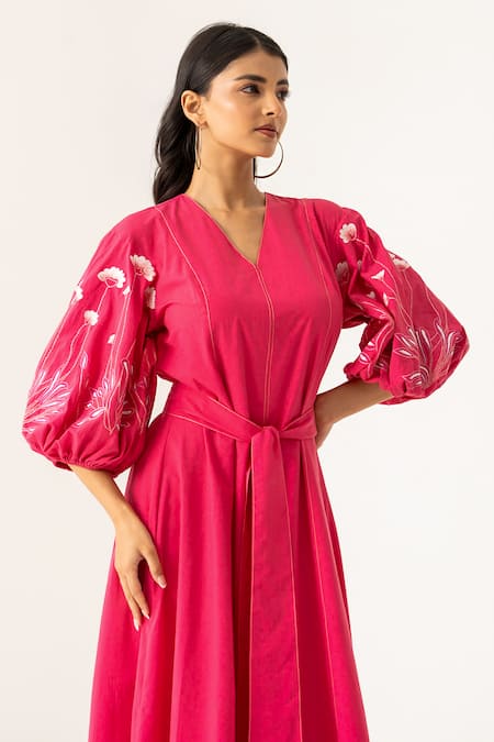K-Anshika_Pink Cotton Embroidery V-neck Fuchsia Dress With Belt _Online_at_Aza_Fashions