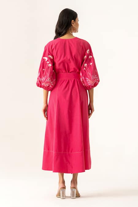 K-Anshika Fuchsia V-Neck Embroidered Dress With Belt 