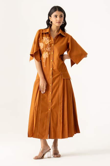 K-Anshika Rust Brown Embroidered Shirt Dress 