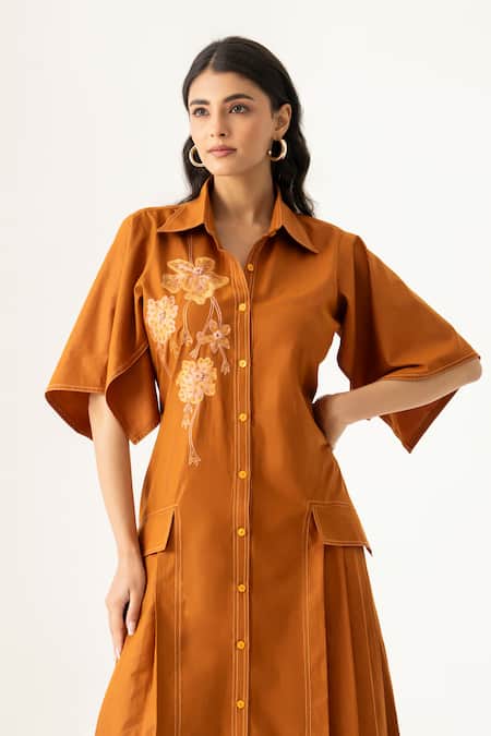 K-Anshika_Brown Cotton Embroidery, Beads, Sequins Collared Rust Shirt Dress _Online_at_Aza_Fashions