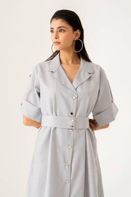 K-Anshika_Gray Embroidery Collared Structured Midi Dress With Belt _Online_at_Aza_Fashions