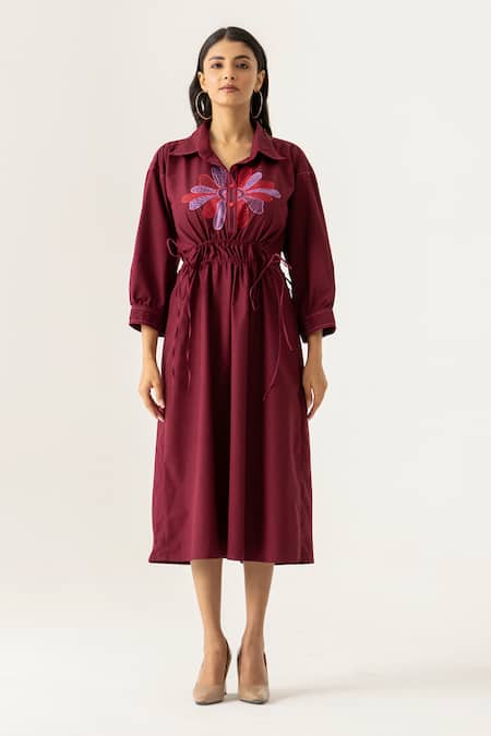 K-Anshika Maroon Bloom Midi Shirt Dress 
