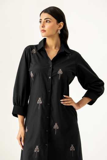 K-Anshika_Black Cotton Beads, Sequins Collared Thread Embroidered Shirt Dress _Online_at_Aza_Fashions