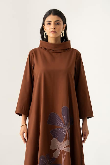 K-Anshika_Brown Cotton Embroidery, Beads, Sequins Cowl Neck Mocha Dress _Online_at_Aza_Fashions