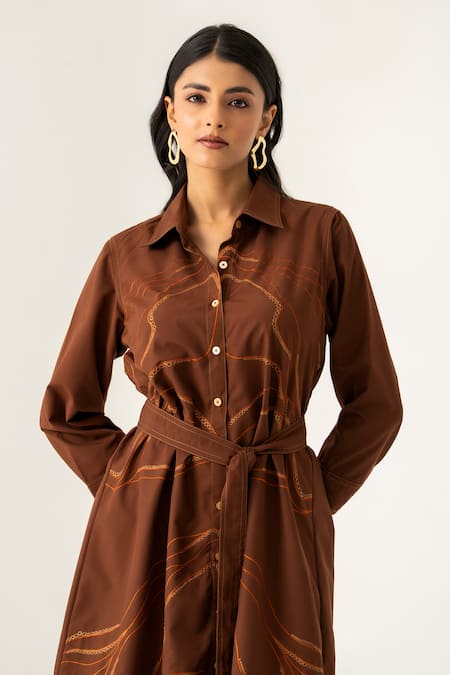 K-Anshika_Brown Cotton Beads Collared Cocoa Belted Shirt Dress _Online_at_Aza_Fashions