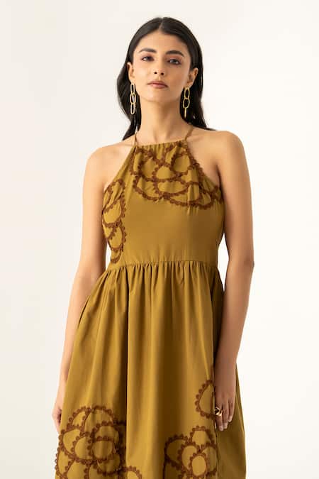 K-Anshika_Brown Cotton Embroidery Halter Neck Midi Dress _Online_at_Aza_Fashions