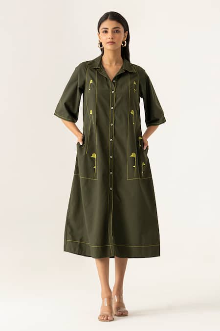 K-Anshika Olive Green Botanical Midi Dress 