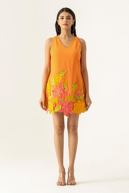 K-Anshika Floral Applique Orange Mini Dress 