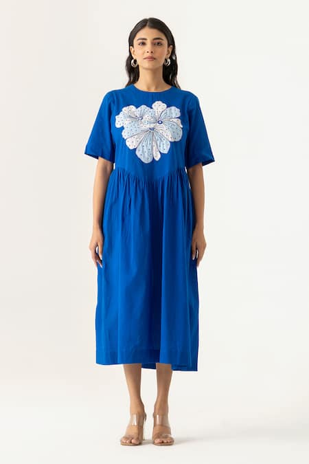 K-Anshika Cobalt Blue Floral Applique Midi Dress 