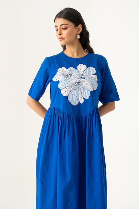 K-Anshika_Blue Cotton Applique Round Neck Cobalt Floral Midi Dress _Online_at_Aza_Fashions
